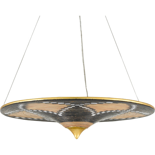 Canaan Chandelier by Currey and Company in contemporary gold leaf, distressed black, distressed white. Made from wrought iron, rattan in a eclectic & global style.