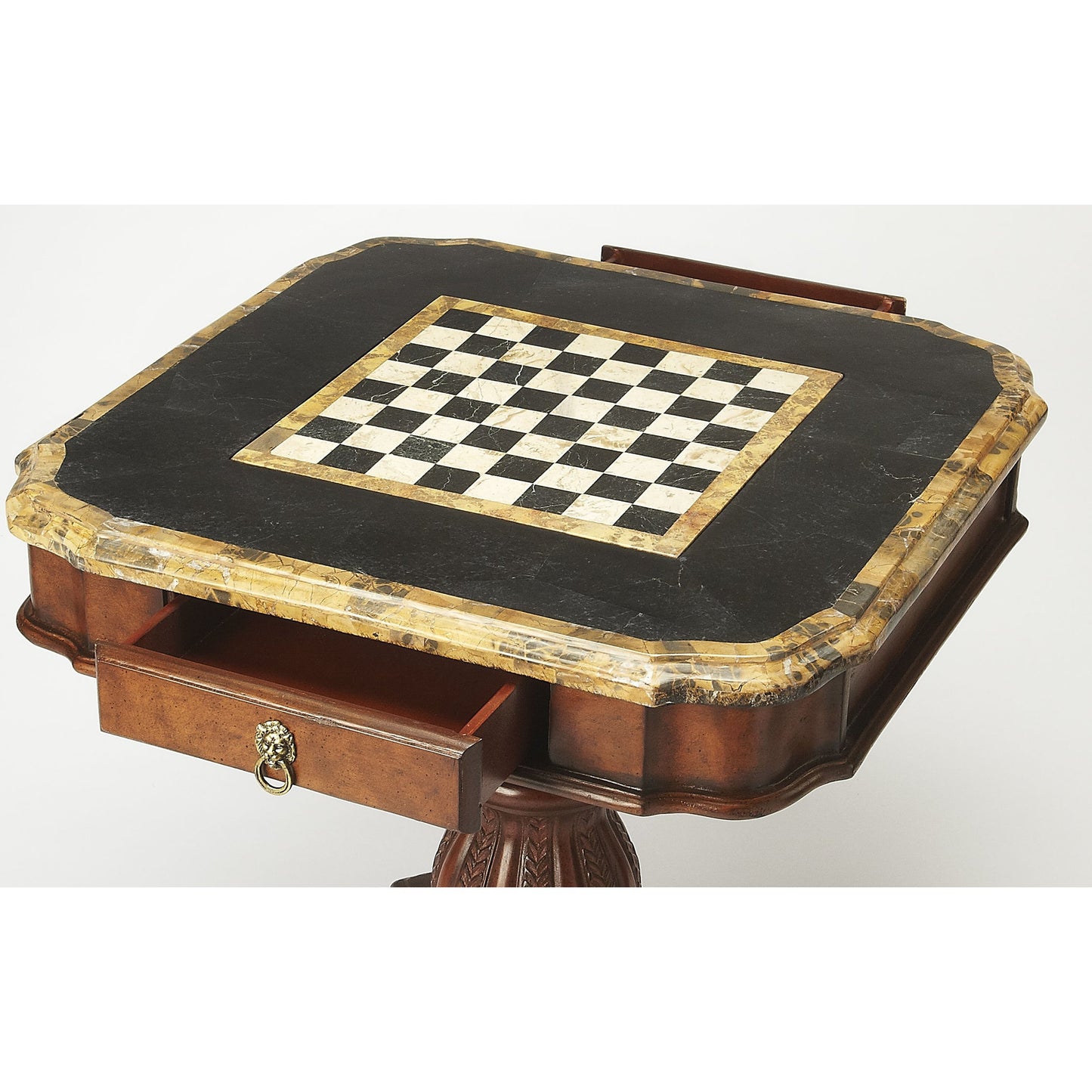 005 O-BUTLER-506070 | Closeup | Carlyle Game Table by Butler Specialty Company in multi-color and heritage. Made from resin, fossil stone veneer in a traditional style.