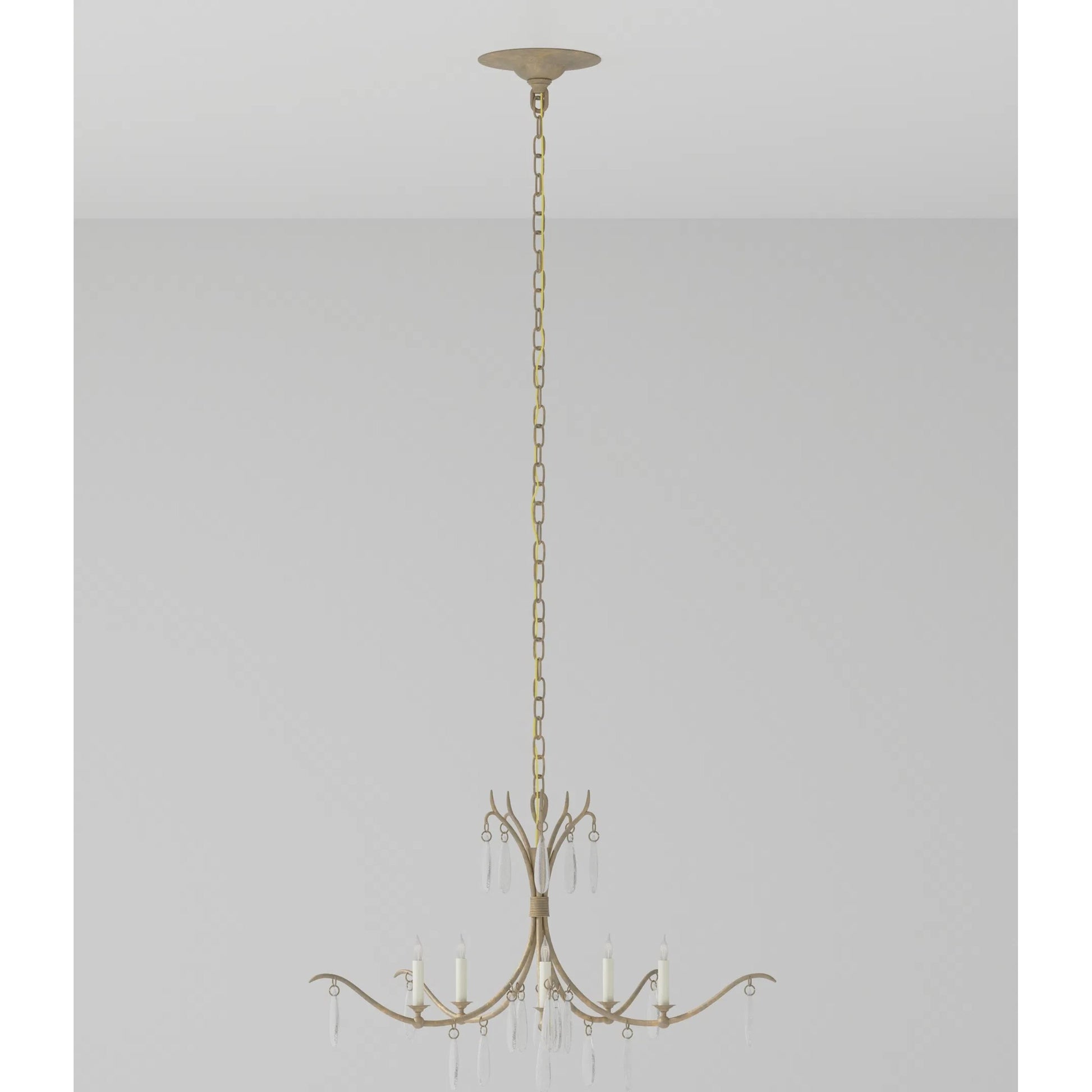 Marshallia Chandelier by Currey and Company in rustic gold, faux rock crystal. Made from wrought iron, glass in a transitional style.