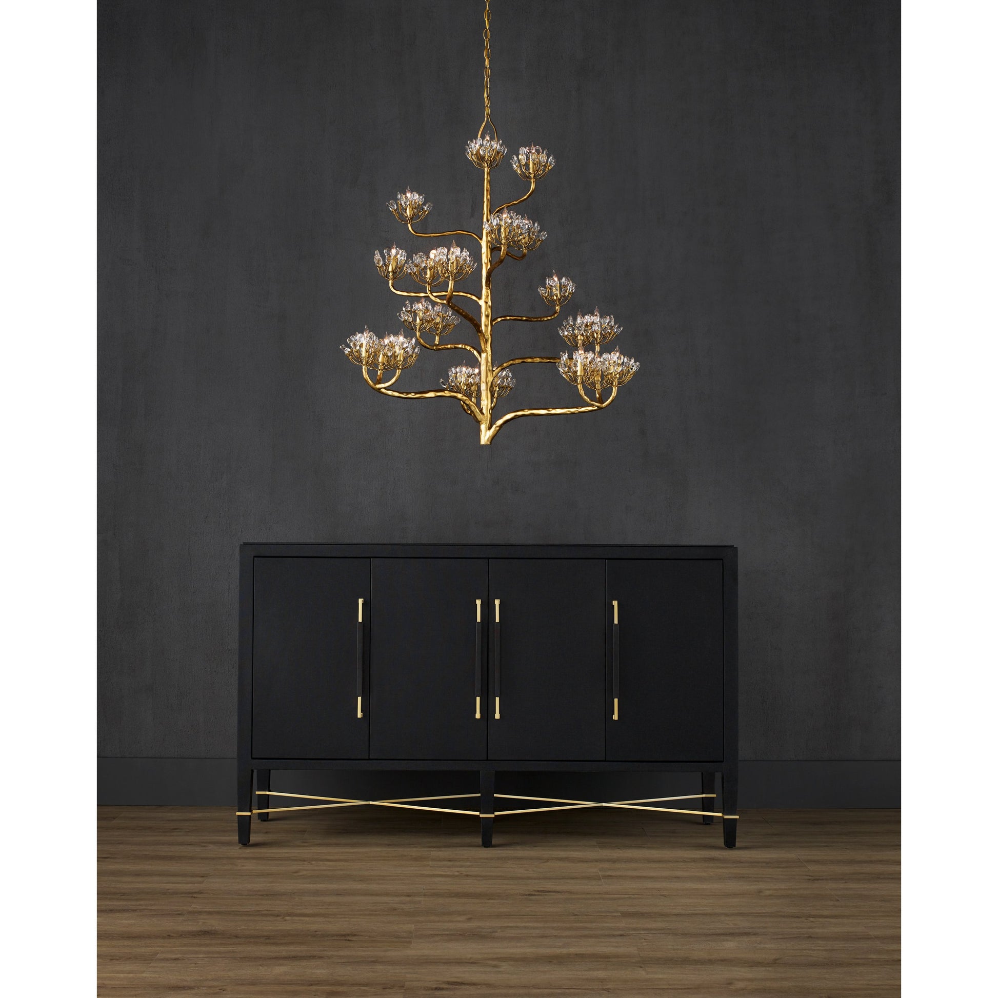 Verona Sideboard by Currey and Company in black lacquered linen, champagne stretchers, linen wrapped cha. Made from solid wood, engineered hardwood in a transitional style.