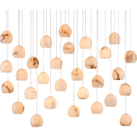 Lazio 30-Light Multi-Drop Pendant by Currey and Company in natural, painted silver. Made from alabaster, metal in a transitional style.