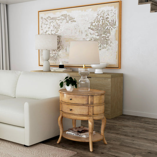 Jarvis Oval 2-Drawer Side Table by Butler Specialty Company in beige and cherry. Made from poplar hardwood solids, mdf, cherry veneer in a cottage & farmhouse style.