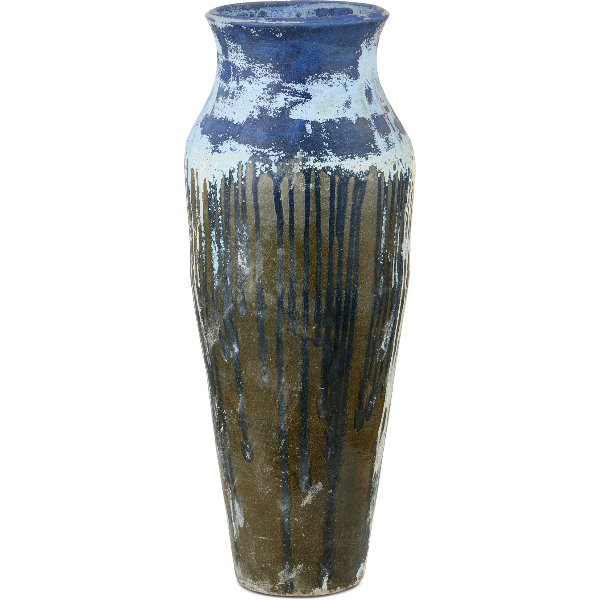 Capizzi Urn by Currey and Company in antique blue drip. Made from ceramic in a modern style.