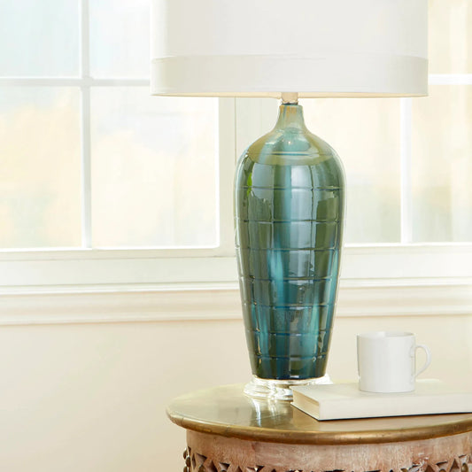 Elysia Table Lamp by Cyan Design in blue glaze. Made from ceramic with white silk shade with white lining in a modern style.