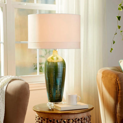 Elysia Table Lamp by Cyan Design in blue glaze. Made from ceramic with white silk shade with white lining in a modern style.