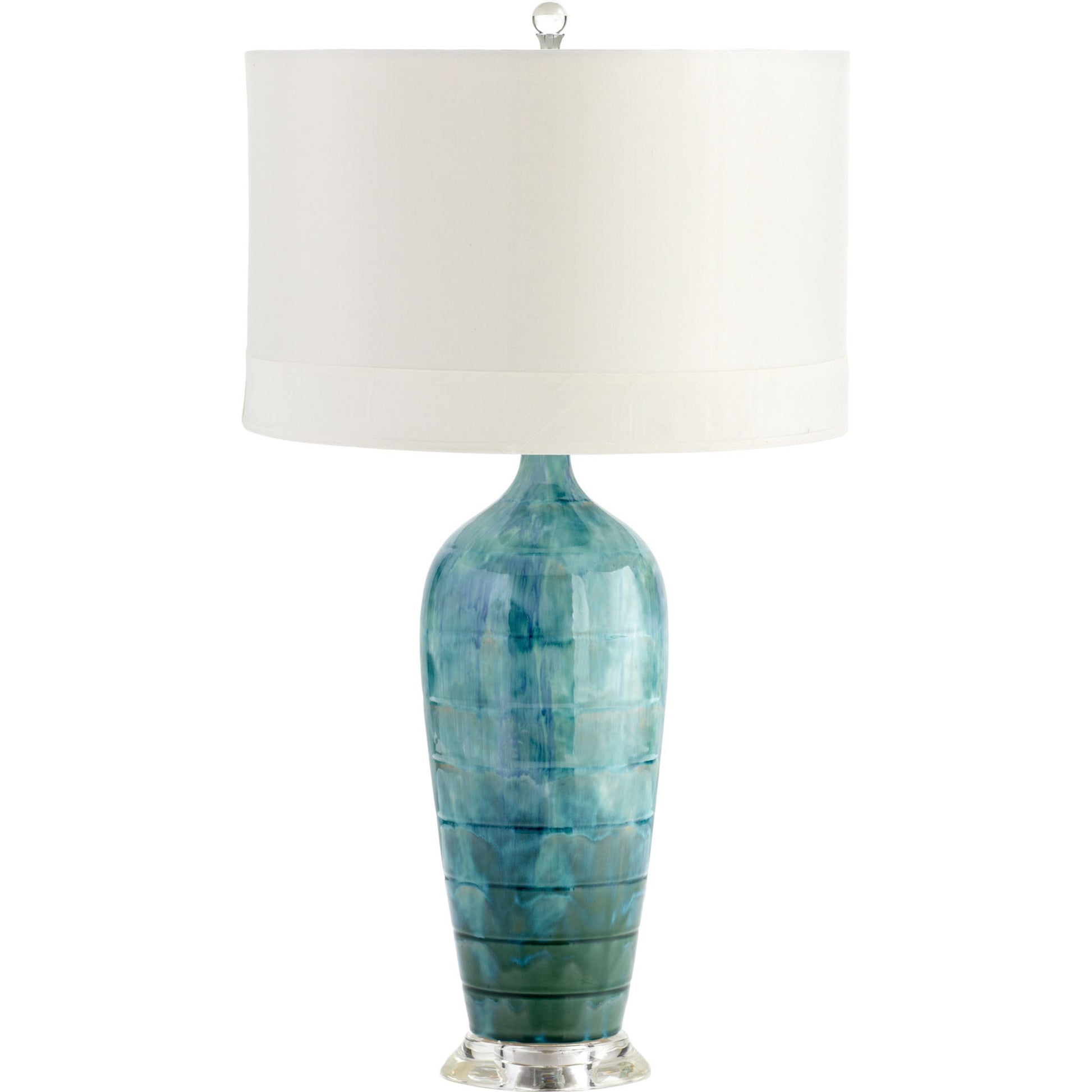 Elysia Table Lamp by Cyan Design in blue glaze. Made from ceramic with white silk shade with white lining in a modern style.