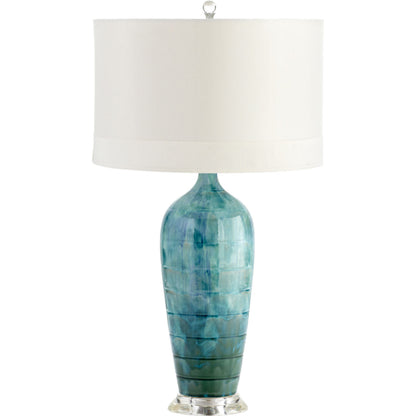 Elysia Table Lamp by Cyan Design in blue glaze. Made from ceramic with white silk shade with white lining in a modern style.
