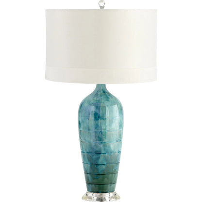 Elysia Table Lamp by Cyan Design in blue glaze. Made from ceramic with white silk shade with white lining in a modern style.