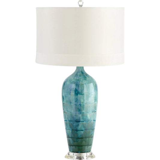 Elysia Table Lamp by Cyan Design in blue glaze. Made from ceramic with white silk shade with white lining in a modern style.