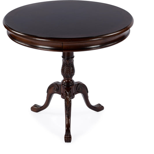 Carissa Round Pedestal Foyer Table by Butler Specialty Company in dark brown and cherry nouveau. Made from rubberwood solids, mdf, cherry veneers in a traditional style.