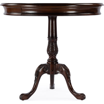 Carissa Round Pedestal Foyer Table by Butler Specialty Company in dark brown and cherry nouveau. Made from rubberwood solids, mdf, cherry veneers in a traditional style.