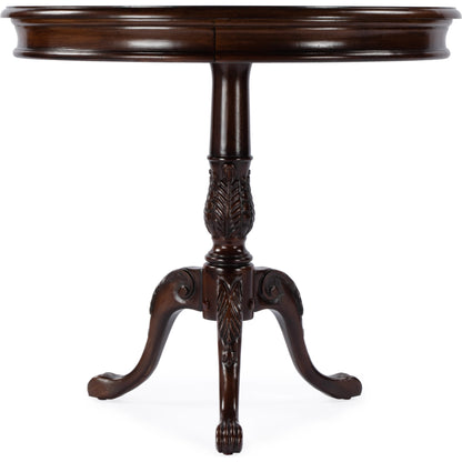 Carissa Round Pedestal Foyer Table by Butler Specialty Company in dark brown and cherry nouveau. Made from rubberwood solids, mdf, cherry veneers in a traditional style.