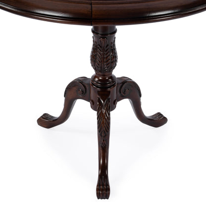 Carissa Round Pedestal Foyer Table by Butler Specialty Company in dark brown and cherry nouveau. Made from rubberwood solids, mdf, cherry veneers in a traditional style.