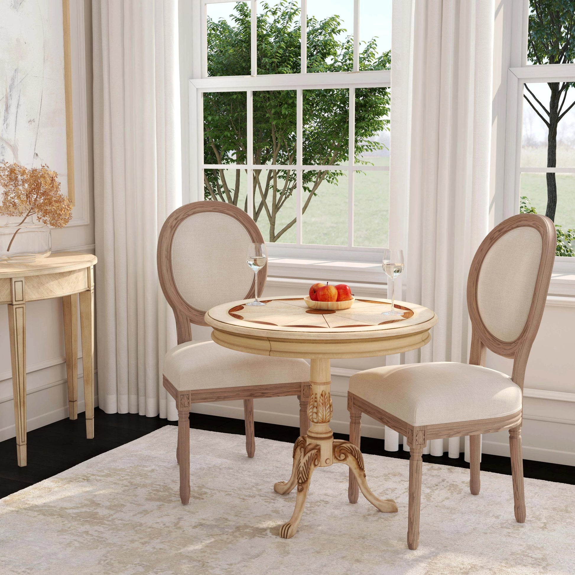 Carissa 30" Round Pedestal Foyer Table by Butler Specialty Company in beige and antique beige. Made from rubberwood solids, mdf, cherry veneers, resin in a cottage & farmhouse style.