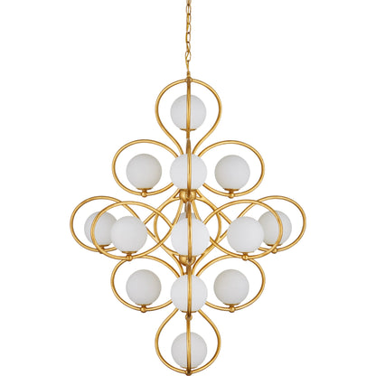 Storrs Chandelier by Currey and Company in contemporary gold leaf, contemporary gold, white. Made from wrought iron, glass in a modern style.
