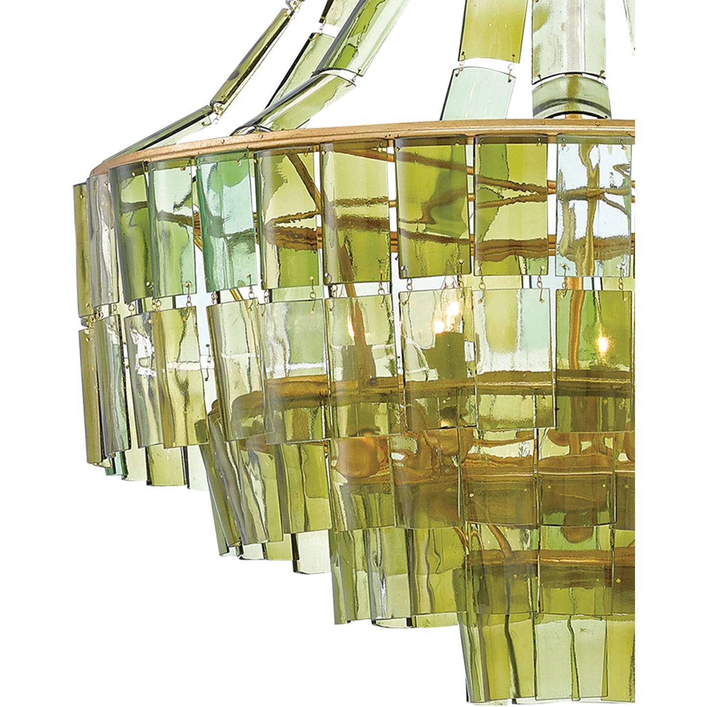 007 S-223614 | Closeup | Vintner Chandelier by Currey and Company in dark contemporary gold leaf, green. Made from wrought iron, bottle glass in a modern style.