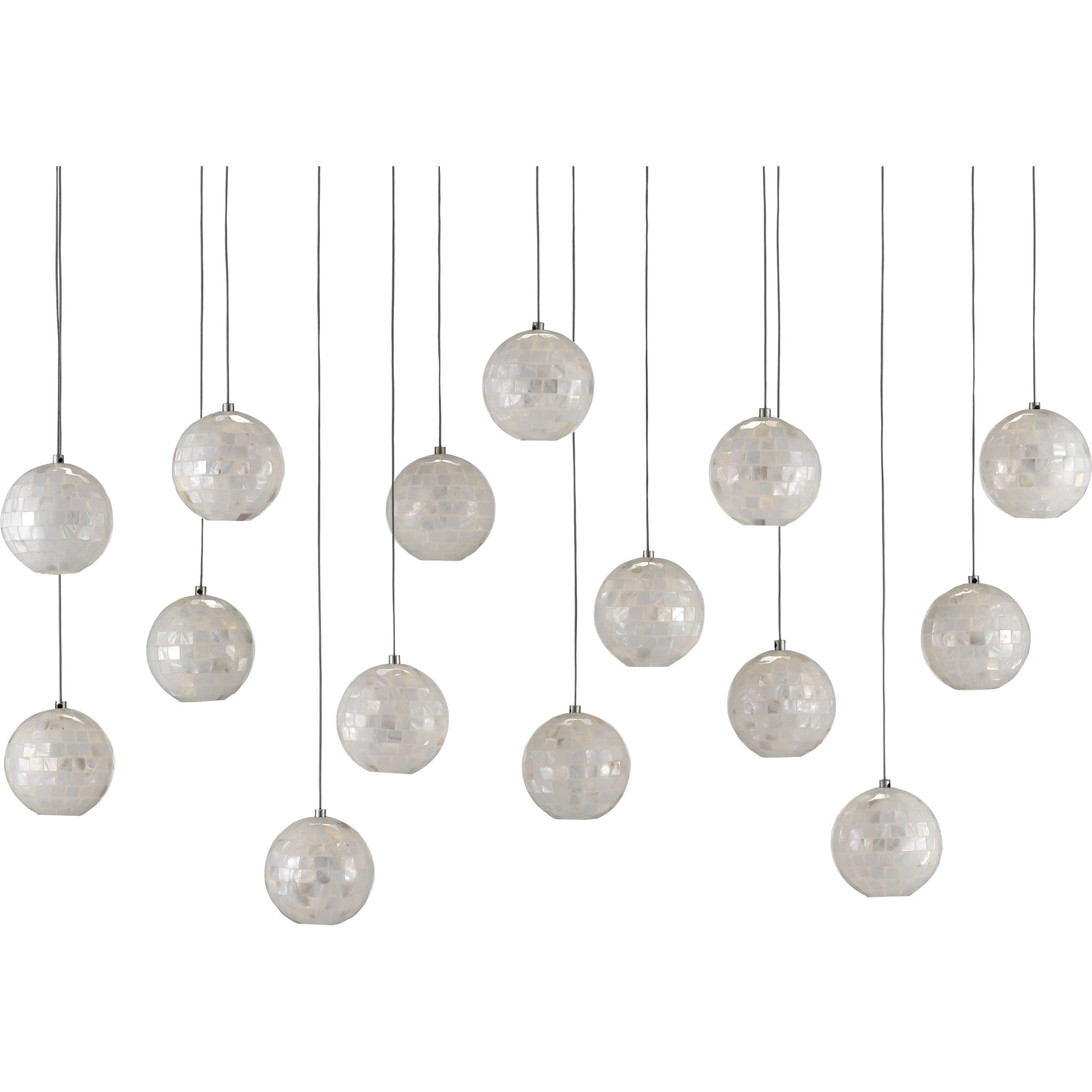 Finhorn Linear Pendant by Currey and Company in painted silver, pearl. Made from metal, mother of pearl in a modern style.