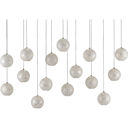 Finhorn Linear Pendant by Currey and Company in painted silver, pearl. Made from metal, mother of pearl in a modern style.