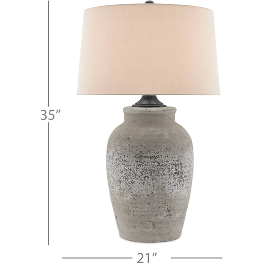 Quest Table Lamp by Currey and Company in rustic gray, aged black. Made from concrete, metal in a traditional style.