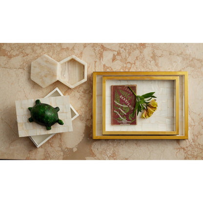 Casey Mother-Of-Pearl Box by Currey and Company in natural, white, polished brass. Made from mother of pearl, engineered wood, brass in a modern style.
