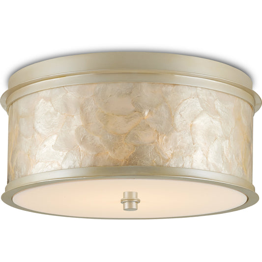 001 SI-1924051 | Primary Silo | Neith Flush Mount by Currey and Company in sea pearl, natural. Made from wrought iron, capiz shell, acrylic diffuser in a transitional style.