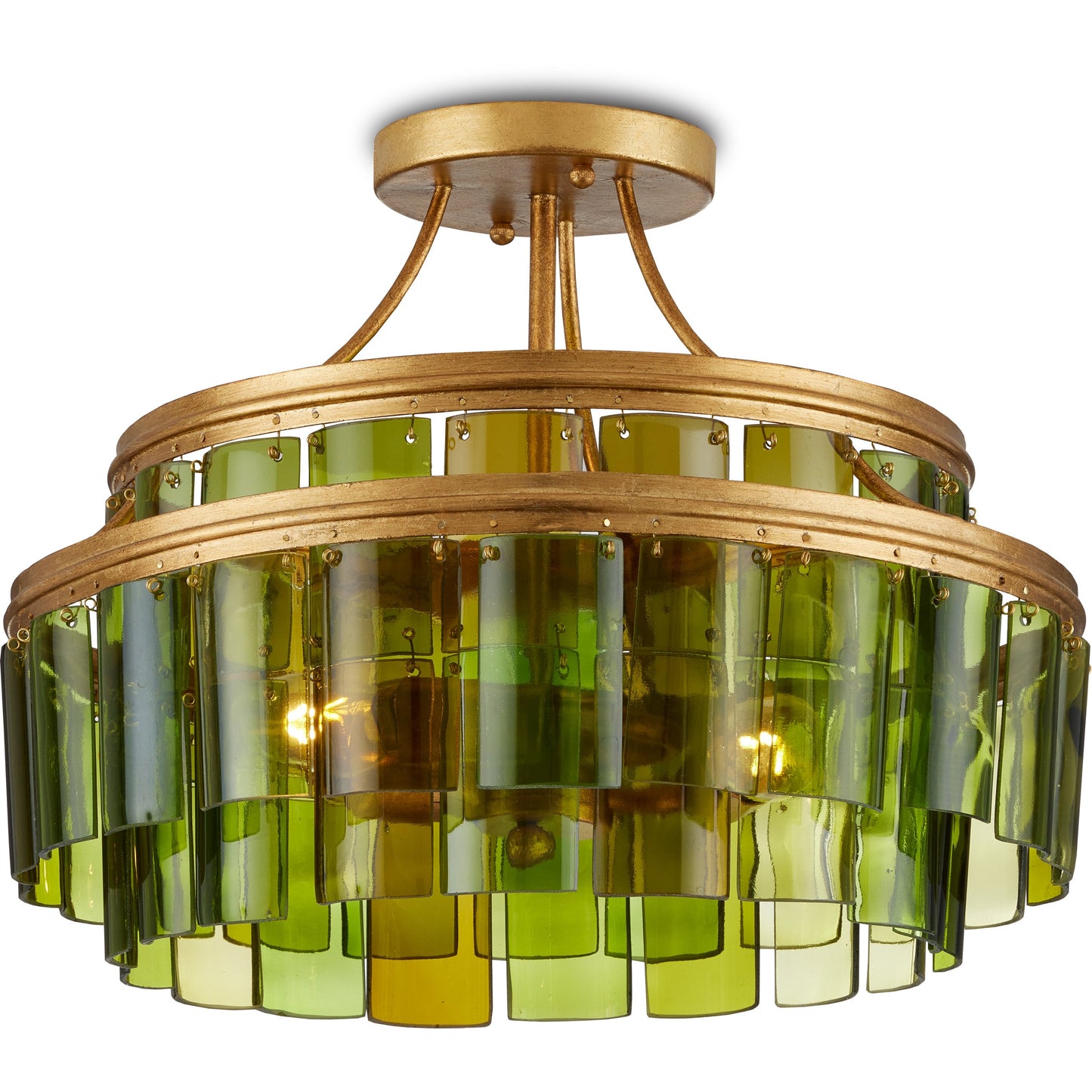 005 SI-1924234 | Primary Silo | Vintner Semi-Flush by Currey and Company in contemporary gold leaf, green. Made from wrought iron, recycled bottle glass in a modern style.