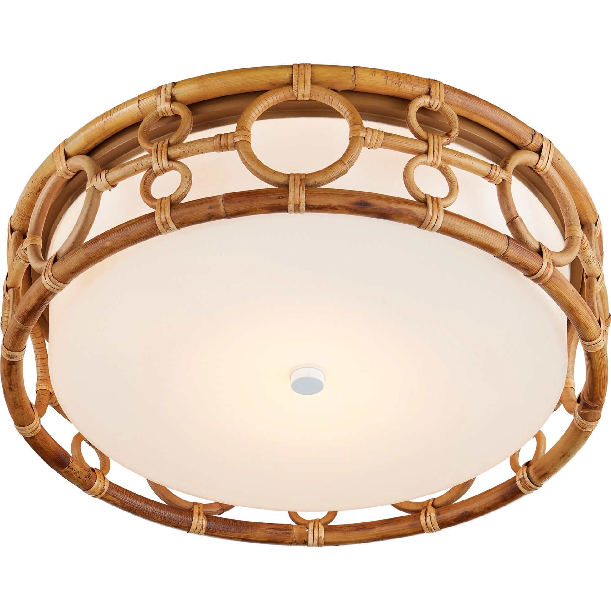 Tegal Flush Mount by Currey and Company in natural, khaki, white. Made from rattan, wrought iron, glass in a rustic style.