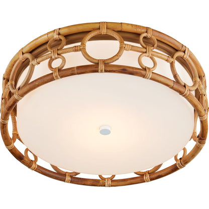 Tegal Flush Mount by Currey and Company in natural, khaki, white. Made from rattan, wrought iron, glass in a rustic style.