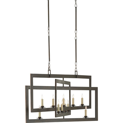 Middleton Rectangular Chandelier by Currey and Company. Made from wrought iron in a modern style.