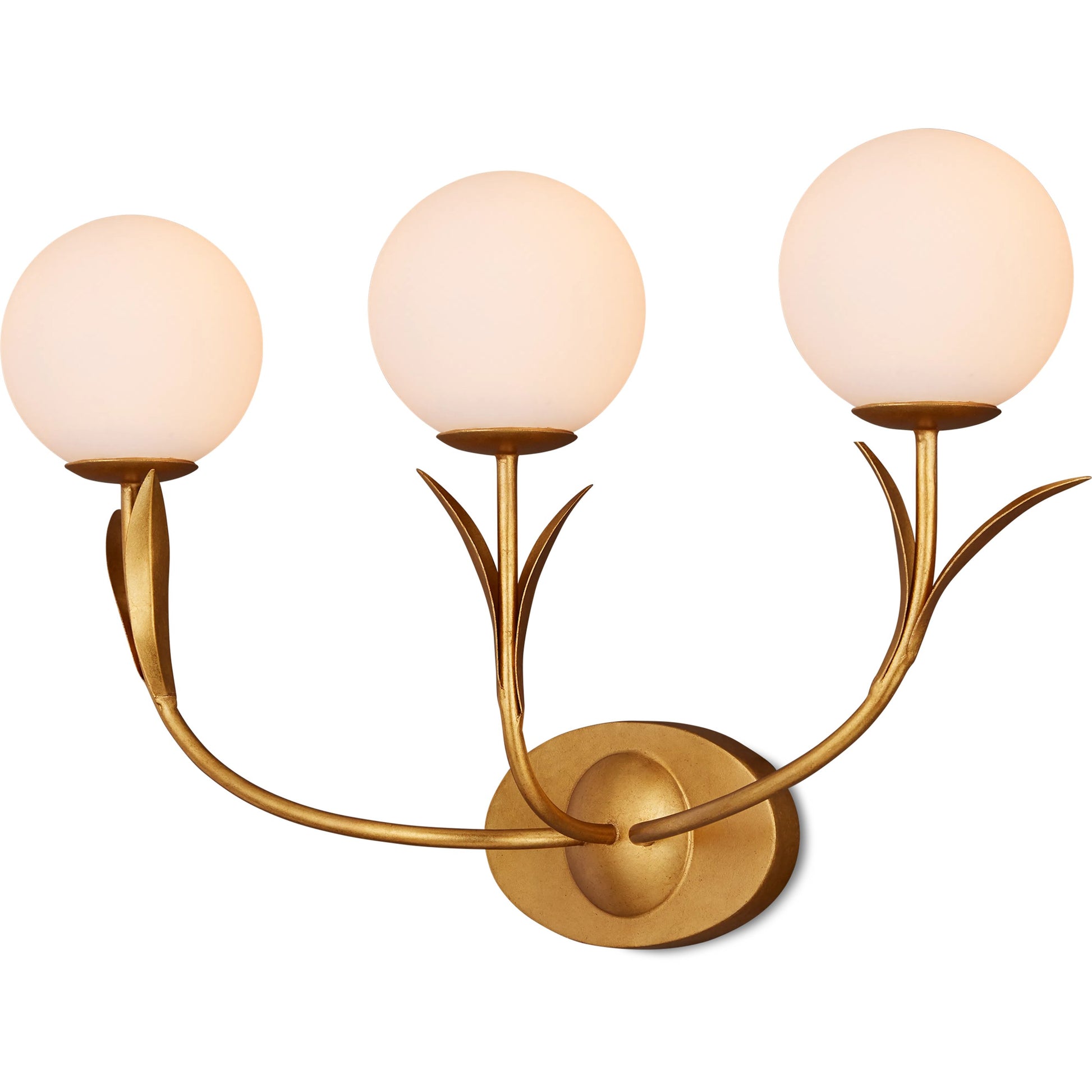 Rossville Triple-Light Wall Sconce by Currey and Company in contemporary gold leaf, sugar white, frosted white. Made from wrought iron, glass in a modern style.