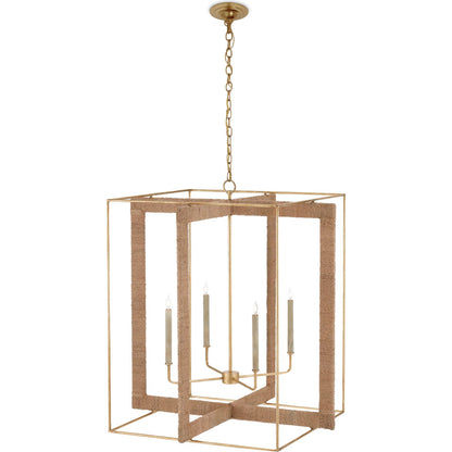 Purebred Chandelier by Currey and Company in contemporary gold leaf, natural abaca. Made from wrought iron, rope in a modern style.