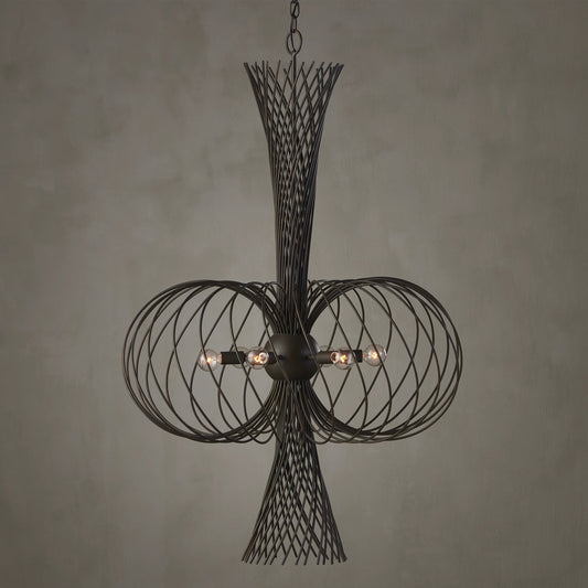 Akio Chandelier by Currey and Company in bronze gold. Made from wrought iron in a modern style.