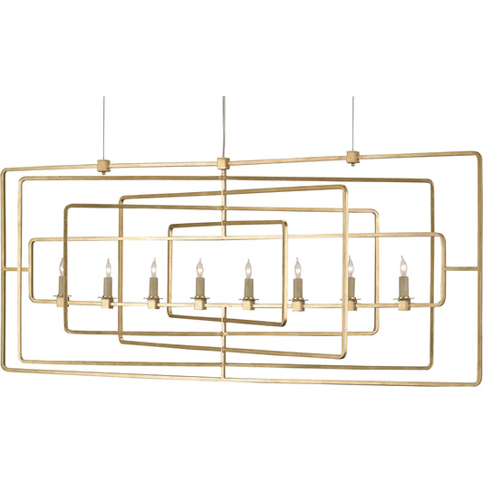 Metro Chandelier by Currey and Company in contemporary gold leaf. Made from wrought iron in a modern style.