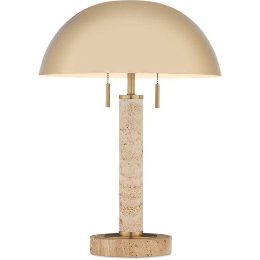 Miles Table Lamp by Currey and Company in brass, natural. Made from metal, travertine in a modern style.