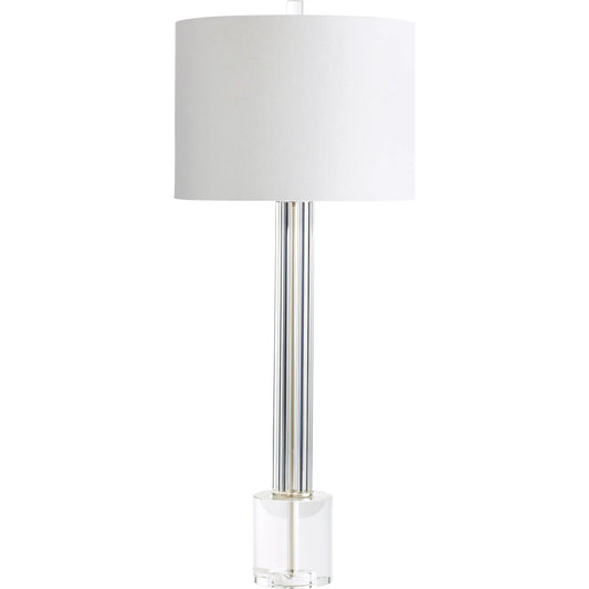 Quantom Table Lamp by Cyan Design in clear. Made from glass with white linen shade, off white lining in a modern style.