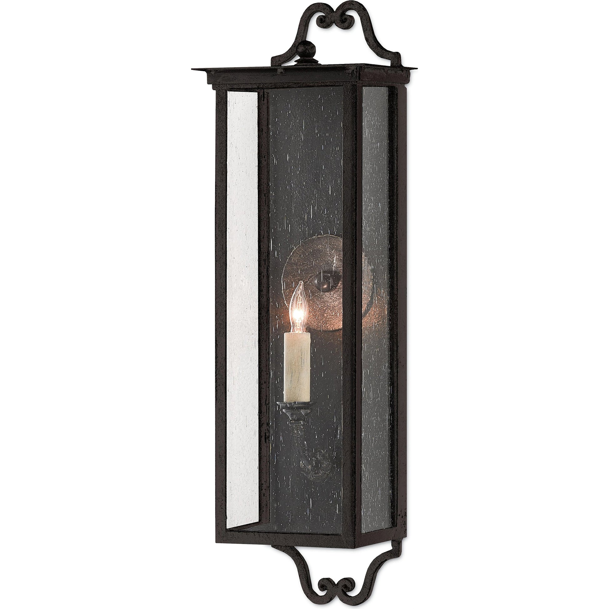 Giatti Outdoor Wall Sconce by Currey and Company in midnight (pure black). Made from wrought iron, glass in a traditional style.