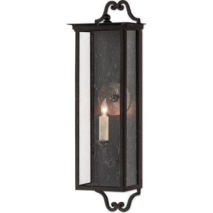 Giatti Outdoor Wall Sconce by Currey and Company in midnight (pure black). Made from wrought iron, glass in a traditional style.