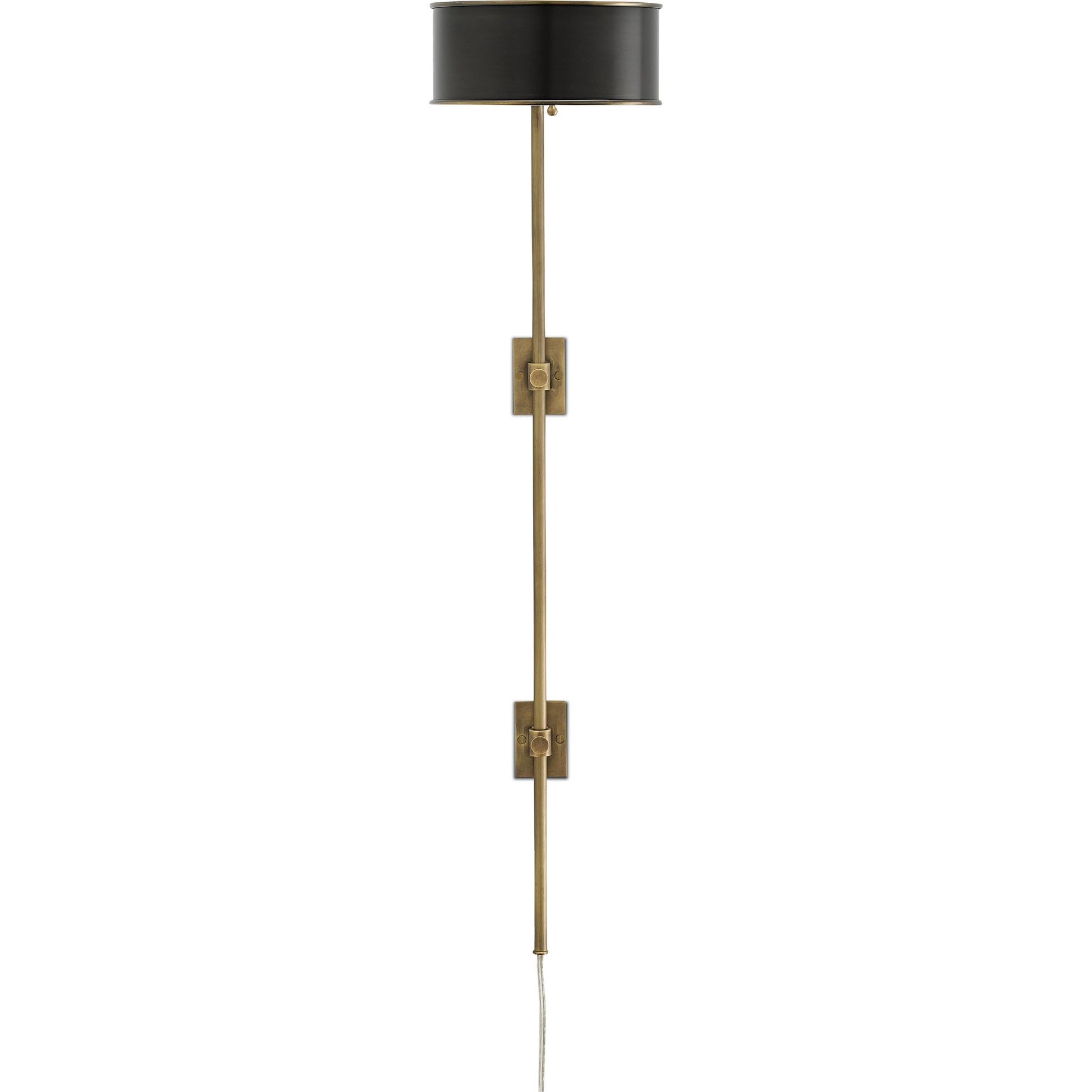 Overture Wall Lamp by Currey and Company in antique brass, black. Made from metal in a modern style.
