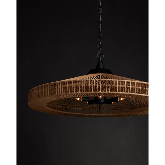 Maldives Chandelier by Currey and Company in natural, satin black. Made from wrought iron, kraft paper twine in a coastal style.