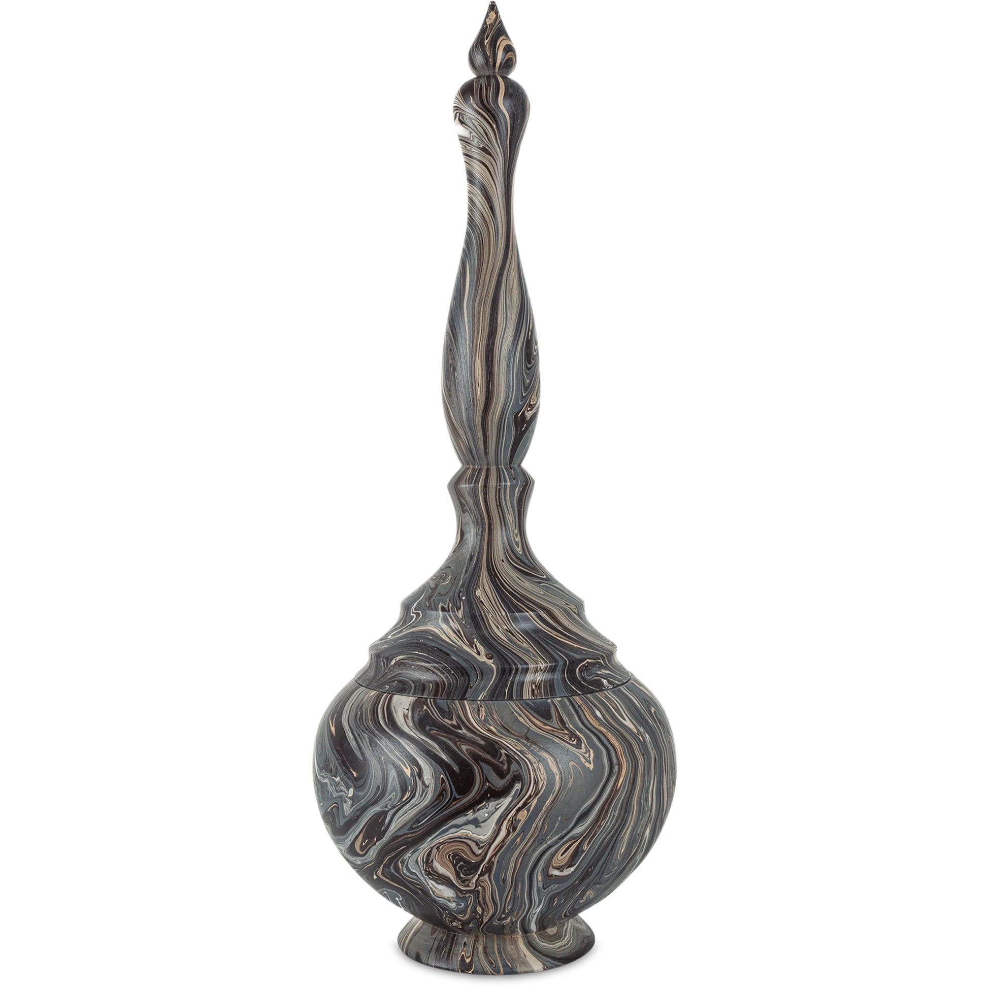 Short Turret Box by Currey and Company in marbleized brown. Made from wood in a unique style.