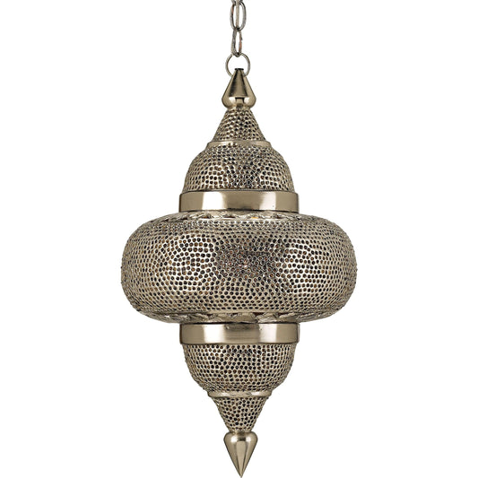 Tangiers Pendant by Currey and Company in nickel, copper, lacquer, amber. Made from steel, glass beads in a eclectic & global style.