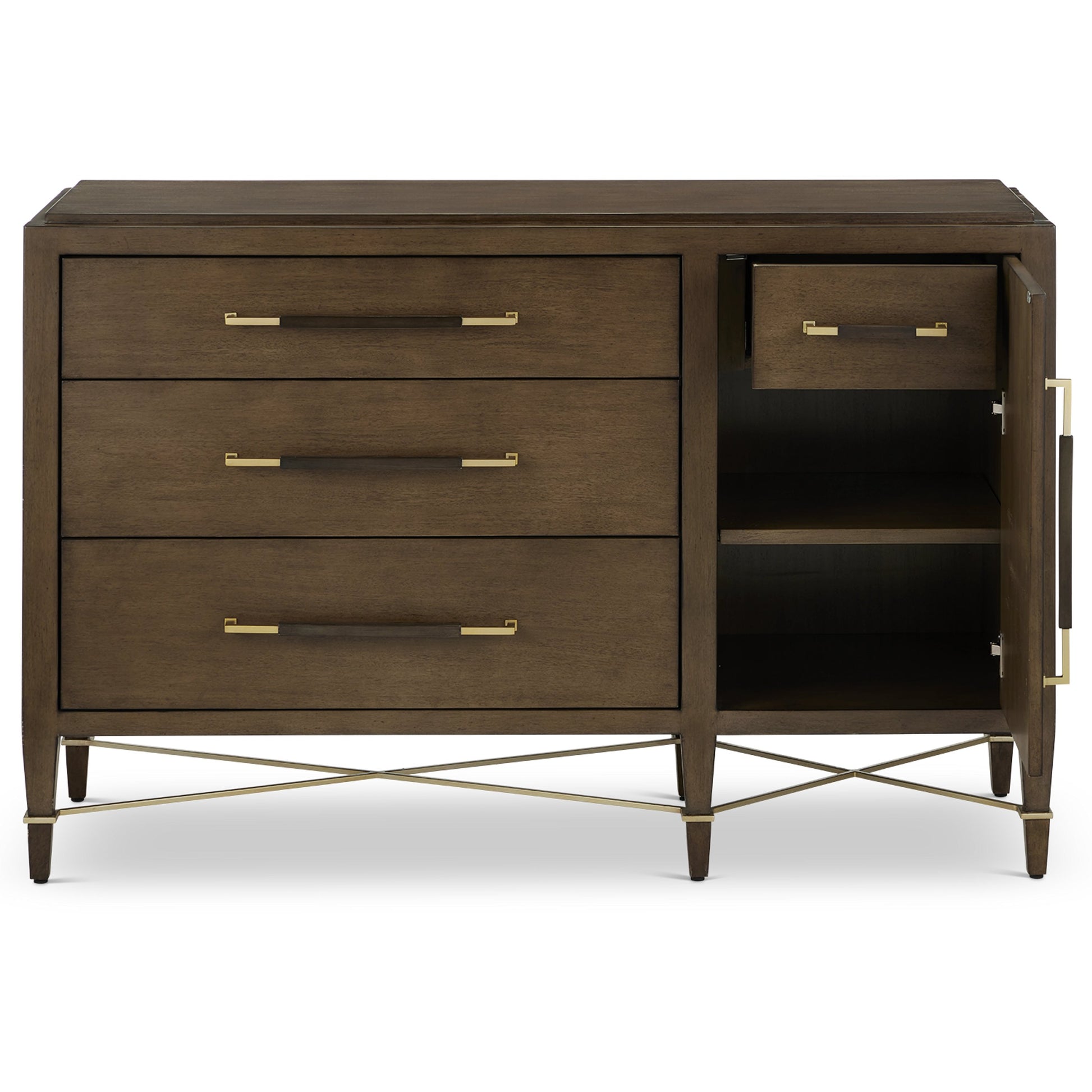 Verona Three-Drawer Chest by Currey and Company in lacquered black linen, champagne. Made from black linen, mahogany, brass, iron in a traditional style.