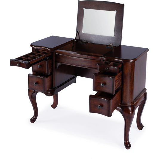 Charlotte Vanity Desk with Storage by Butler Specialty Company. Made from poplar solids, mdf, cherry veneer in a traditional style.
