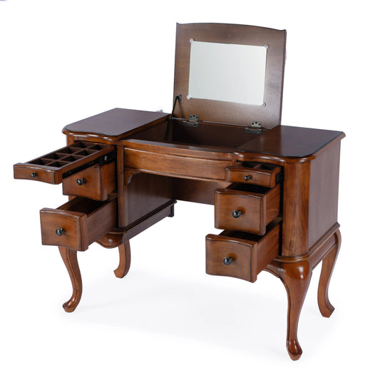Charlotte Vanity Desk with Storage by Butler Specialty Company. Made from poplar solids, mdf, cherry veneer in a traditional style.