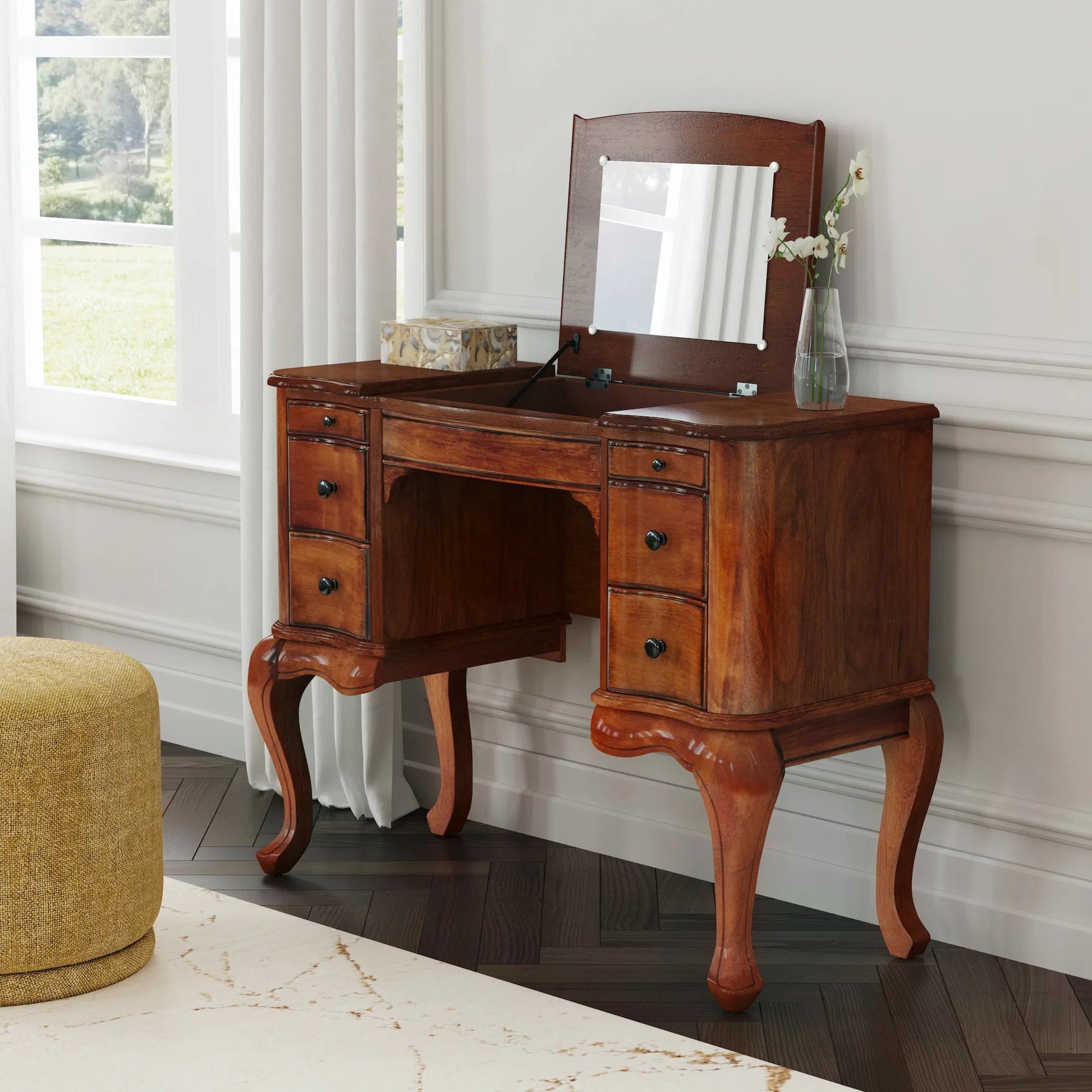Charlotte Vanity Desk with Storage by Butler Specialty Company. Made from poplar solids, mdf, cherry veneer in a traditional style.
