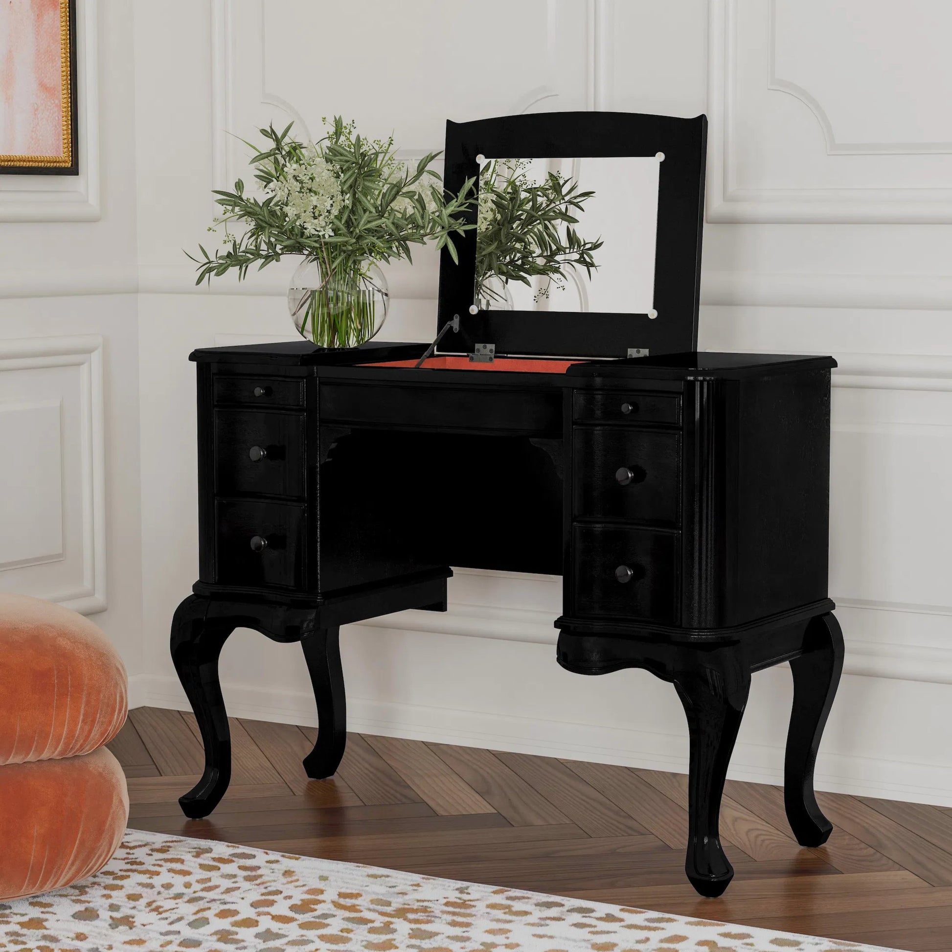 Charlotte Vanity Desk with Storage by Butler Specialty Company. Made from poplar solids, mdf, cherry veneer in a traditional style.