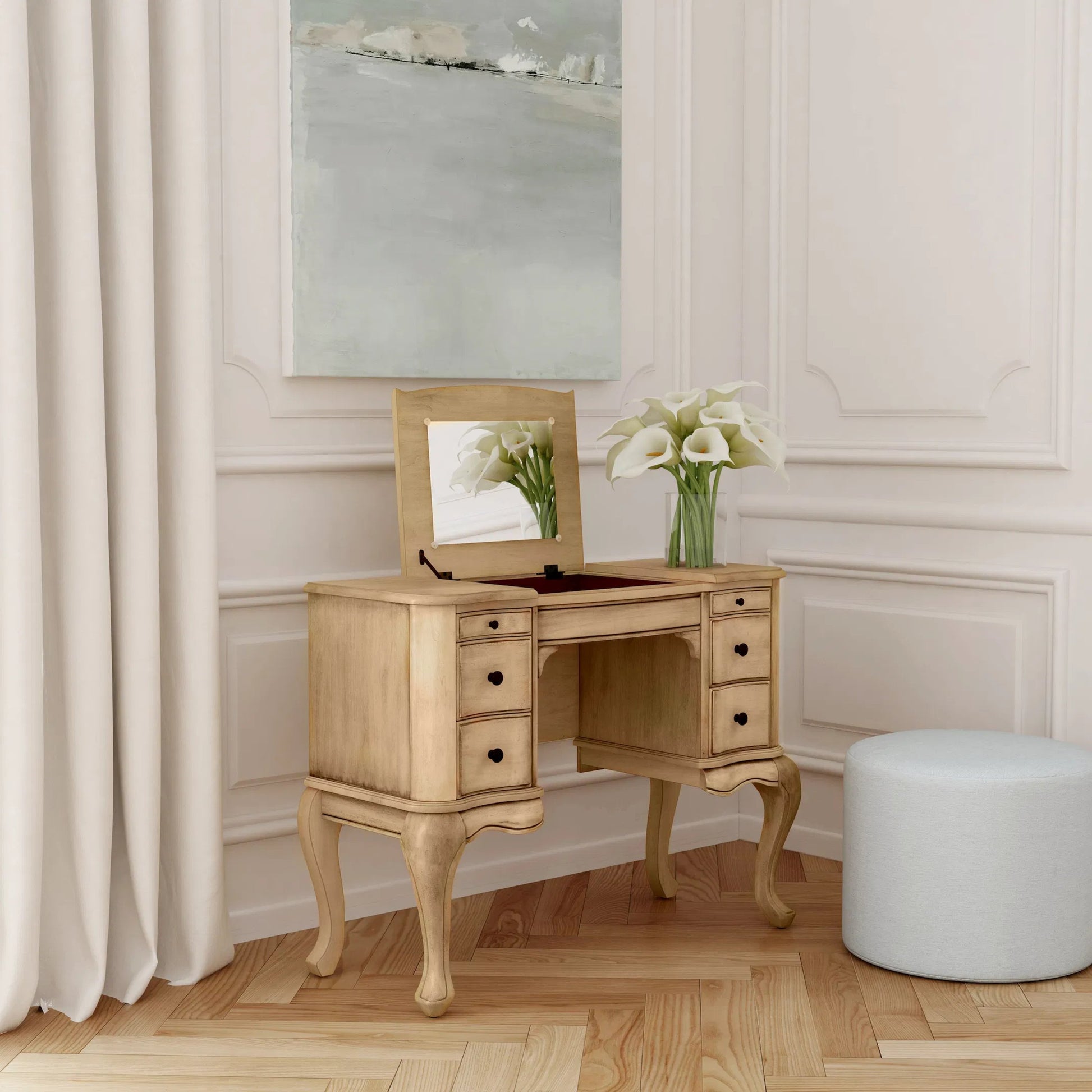Charlotte Vanity Desk with Storage by Butler Specialty Company. Made from poplar solids, mdf, cherry veneer in a traditional style.