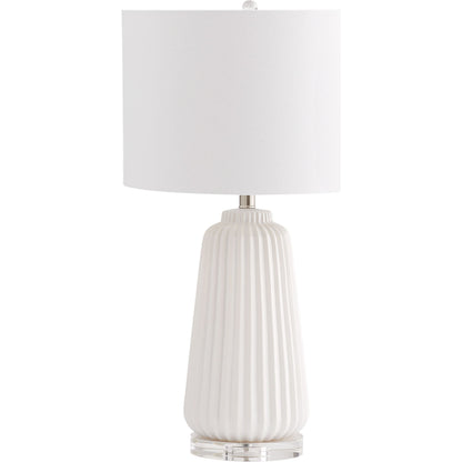 Delphine Table Lamp by Cyan Design in white. Made from ceramic, crystal base, white linen shade, white lining in a modern style.