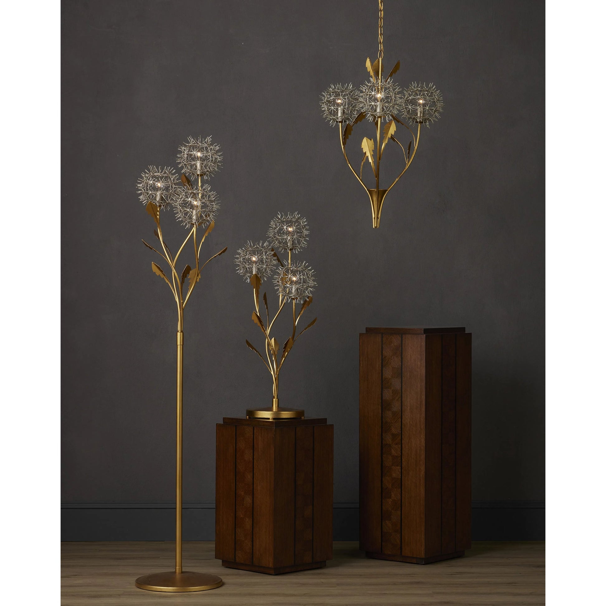 Dandelion Pendant by Currey and Company in contemporary silver leaf, contemporary gold leaf. Made from wrought iron in a modern style.