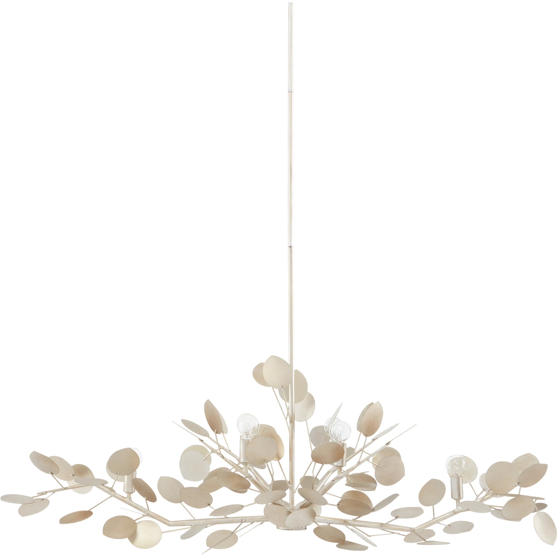 Lunaria Oval Chandelier by Currey and Company in contemporary silver leaf. Made from wrought iron in a transitional style.